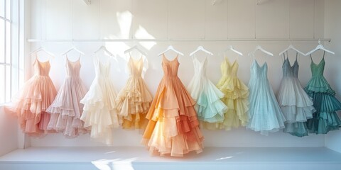 Dresses made from colorful fabric swatches on hangers for design inspiration