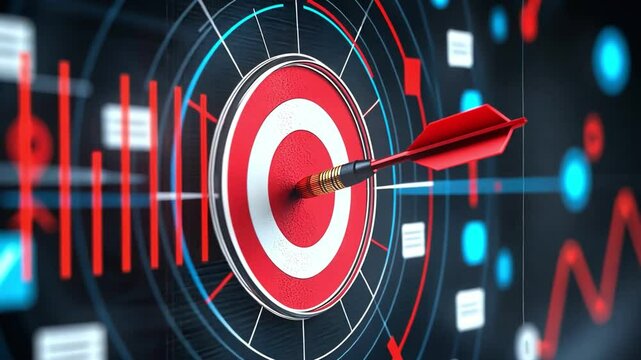 A close-up of a dart hitting the center of a digital target representing success.