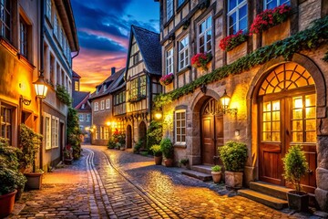 Obraz premium Night Photography: Illuminated Doors and Windows in Old Town