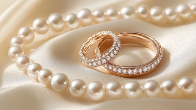80.A pair of elegantly crafted wedding rings placed on soft ivory silk, surrounded by a delicate strand of pearls that catch the soft glow of natural light.