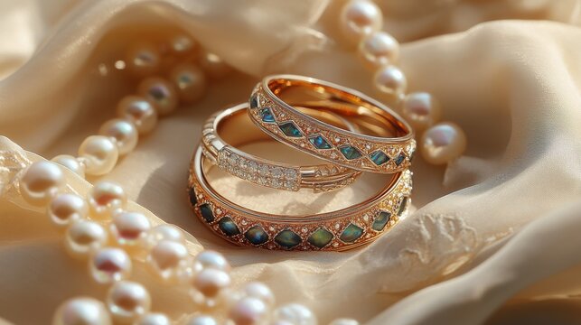 80.A pair of elegantly crafted wedding rings placed on soft ivory silk, surrounded by a delicate strand of pearls that catch the soft glow of natural light.