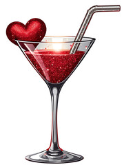 Valentine's Day Martini glass. Cocktail. Martini Glass. Red Alcoholic Beverage on White