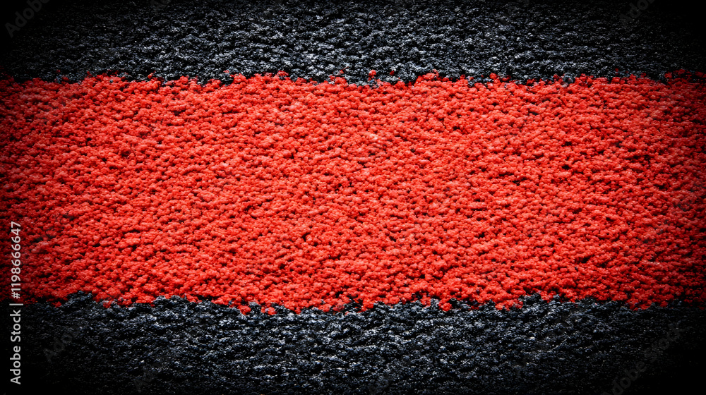 Poster red and black granular material forms a distinct stripe pattern background texture