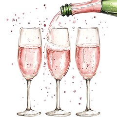 Watercolor illustration of a bottle pouring ros&eacute; champagne into three elegant glasses, with pink splatters adding a celebratory feel.