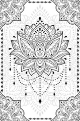 Frame in eastern tradition with Lotus. Stylized with henna tattoos decorative pattern for decorating covers for book, notebook, casket, magazine, postcard and folder. Flower border in mehndi style.