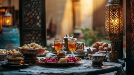 Warm Evening Ambiance with Tea and Pastries on a Table with Lanterns