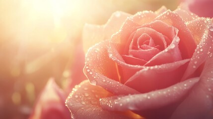 91.Beautiful rose flower Pastella with drops of dew. Rose in warm sunlight: