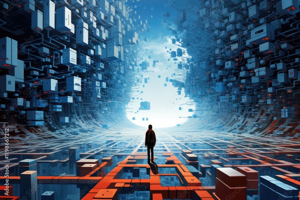 Poster a figure stands at the convergence of chaos and order in a cybernetic landscape filled with floating