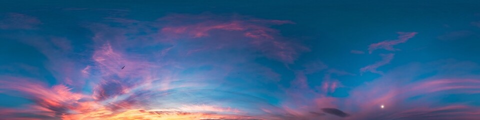 Sunset sky with bright glowing pink Cirrus clouds. Seamless spherical HDR 360 panorama. Full zenith or sky dome in 3D, sky replacement for aerial drone panoramas. Climate and weather change.