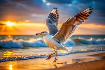 Fototapeta premium Seagull Takeoff Beach Sand Shore Bird Flight High Depth of Field Photography