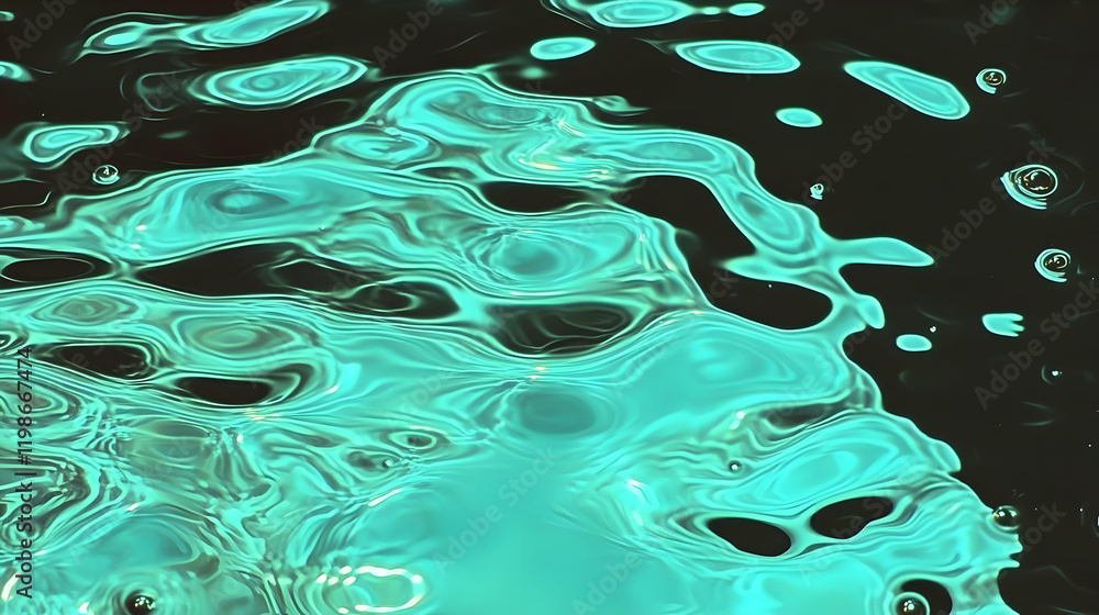 Poster abstract turquoise liquid flows and ripples dynamically on a dark background