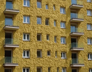 Obraz premium A tall yellow building featuring numerous balconies and windows throughout