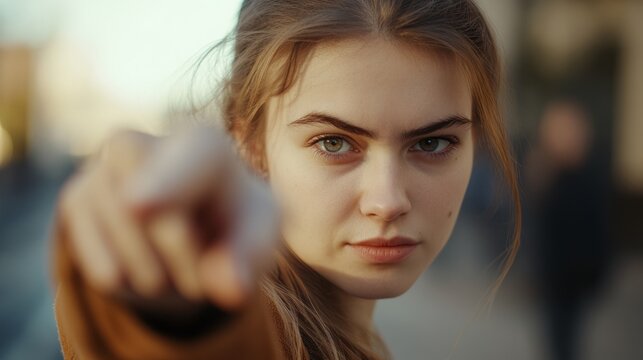 Close-up focus on a pointing hand of a young woman.