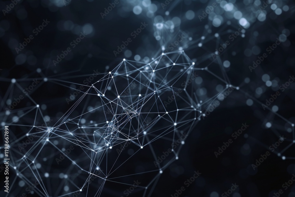 Poster a digital background featuring a complex network of dots illuminated against a dark backdrop, repres