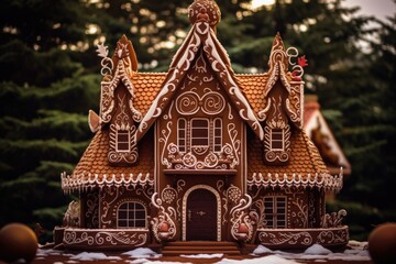 A beautifully decorated gingerbread house nestled among lush green trees, perfect for the festive season and holiday celebrations, showcasing intricate icing designs and colorful candy accents