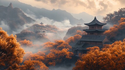 Obraz premium A serene landscape showcasing a traditional pagoda surrounded by vibrant autumn foliage and mist-covered mountains at sunrise.