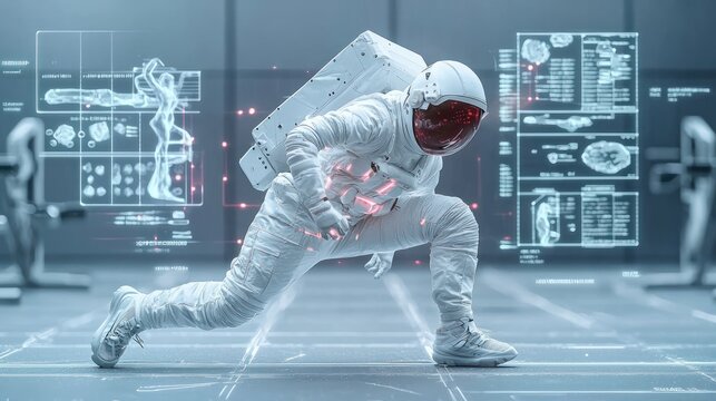 A futuristic astronaut in a sleek suit engages with holographic interfaces in a high-tech environment, showcasing advanced space exploration.