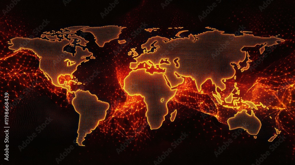 Poster creative binary dots forming a glowing world map.