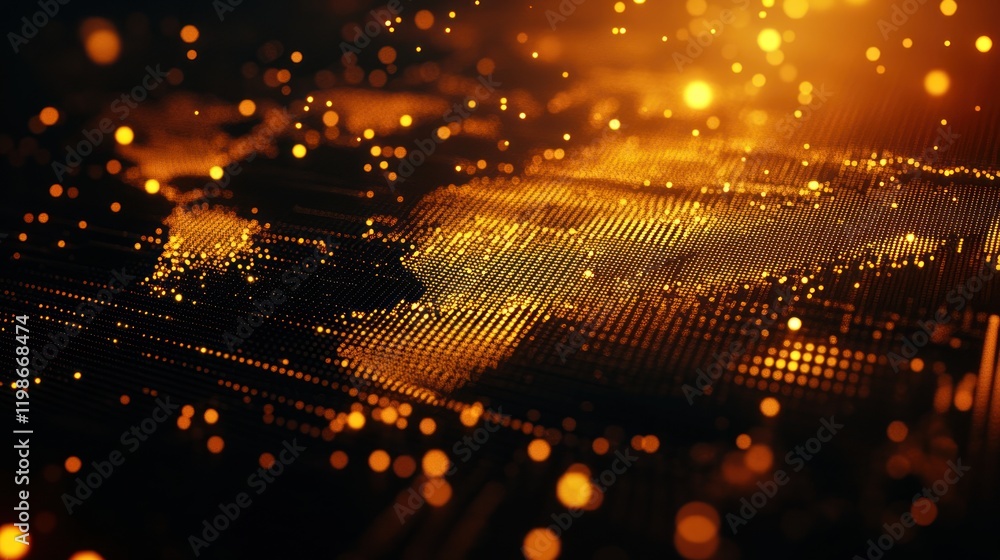 Poster creative binary dots forming a glowing world map.