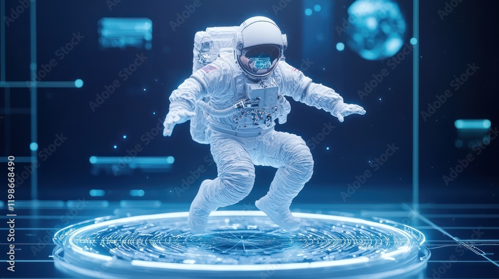 Poster a futuristic astronaut floats in a digital interface, surrounded by holographic displays and cosmic 
