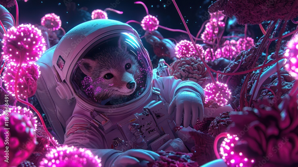 Aufkleber an astronaut fox surrounded by vibrant, glowing flora in a whimsical outer space setting, creating a