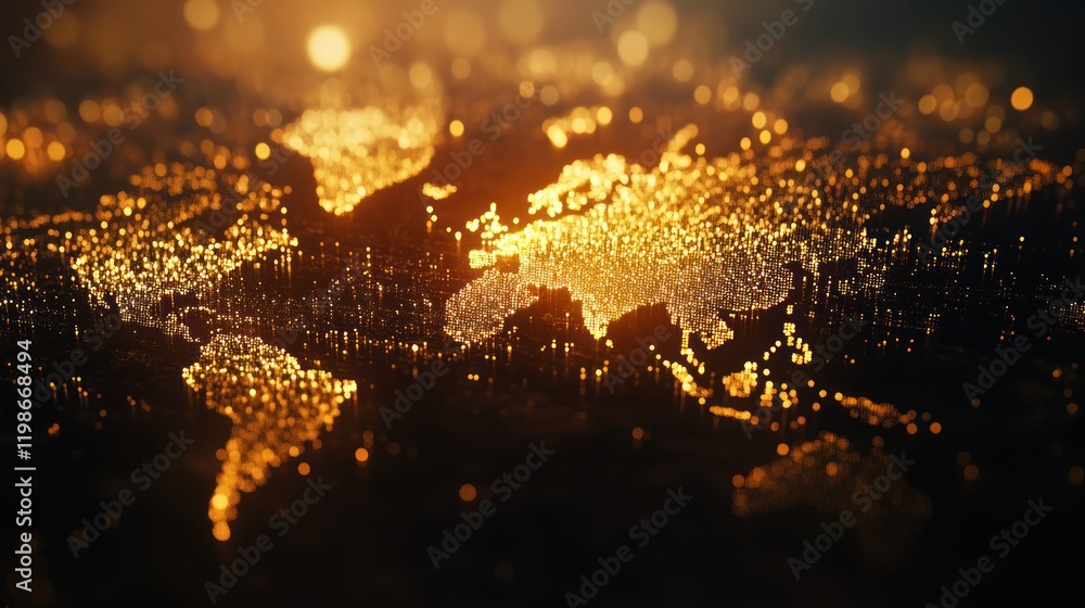 Poster creative binary dots forming a glowing world map.