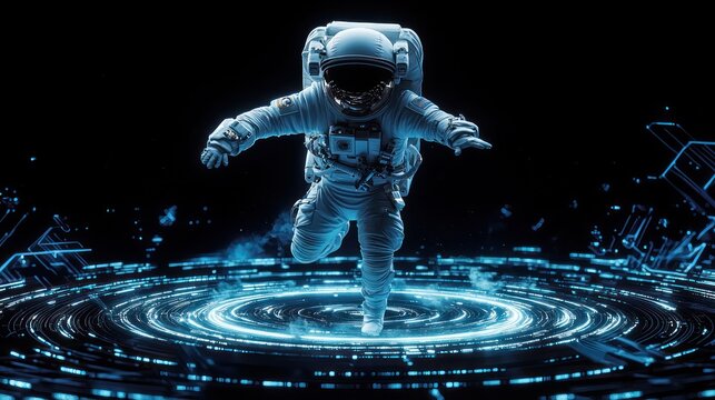 A digital representation of an astronaut floating in a futuristic, illuminated environment with a circular pattern below.