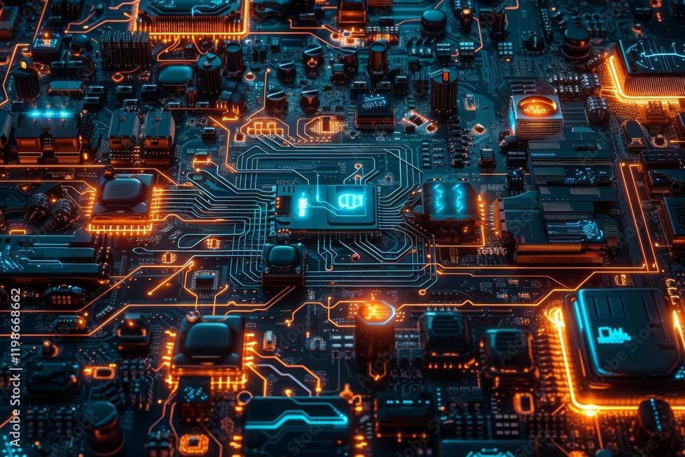 Poster technological circuits illuminated with pulsating energy create a mesmerizing display of vibrant col