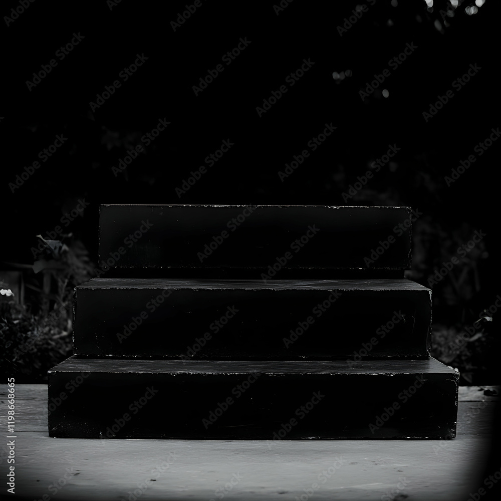 Poster three black rectangular blocks form a staircase on a wooden surface against a dark backdrop