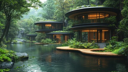 Futuristic eco-lodges on tranquil lake, lush forest backdrop, travel brochure