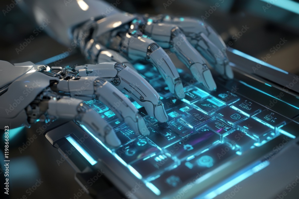 Poster robotic fingers typing on futuristic keyboard with holographic display