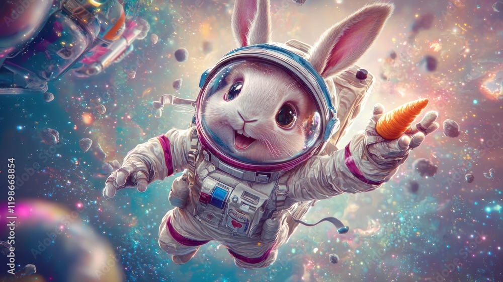 Aufkleber an adorable rabbit in a spacesuit floats through a colorful galaxy, holding a carrot, surrounded by 