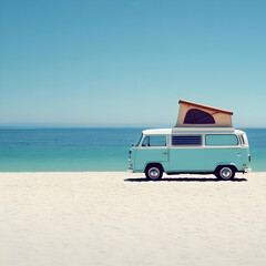 Light Blue Camper Van Parked on the Beach with a Rooftop Tent Overlooking the Calm Ocean