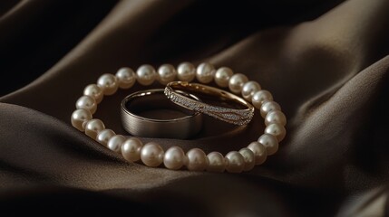 68.Close-up of two intricately designed wedding rings resting on a smooth silk fabric, with a delicate string of pearls elegantly draped around them.