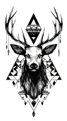 Black and White Deer with Boho Triangle Motif, Indigenous North American Symbol, Minimalist Vector Art