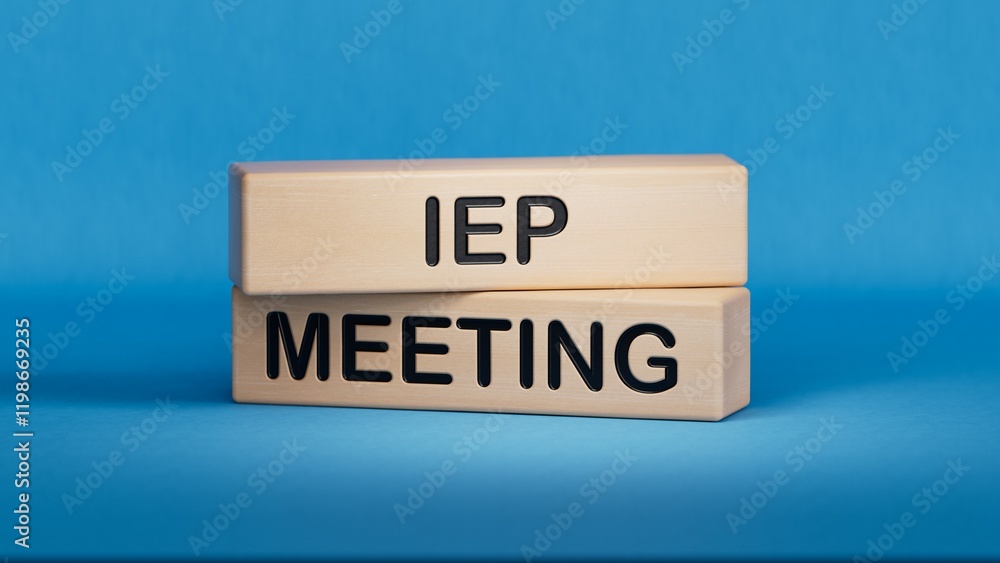 Poster iep mwwting word written on wooden block. wooden cube blocks. copy space.3d rendering on blue backgr