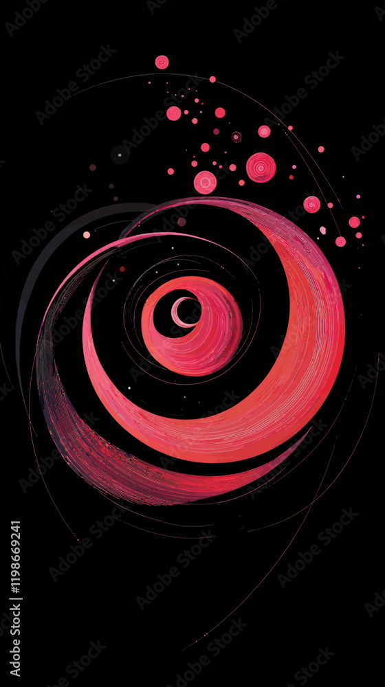 Poster vibrant red swirl abstraction on black with contrasting elements for modern design