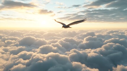 Naklejka premium A snowy owl wings spread wide against a backdrop of a frost-covered meadow, the horizon glowing softly with the light of a winter sunrise, dreamy landscape