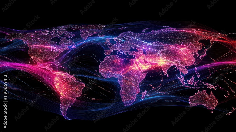 Poster digital global map with binary light trails for branding visuals.