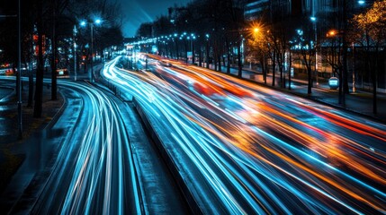 Fototapeta premium Digital light trails featuring blue and black contrast.