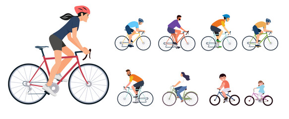 riding sport bicycle recreation bike set happy people cartoon character vector illustration exercise clipart