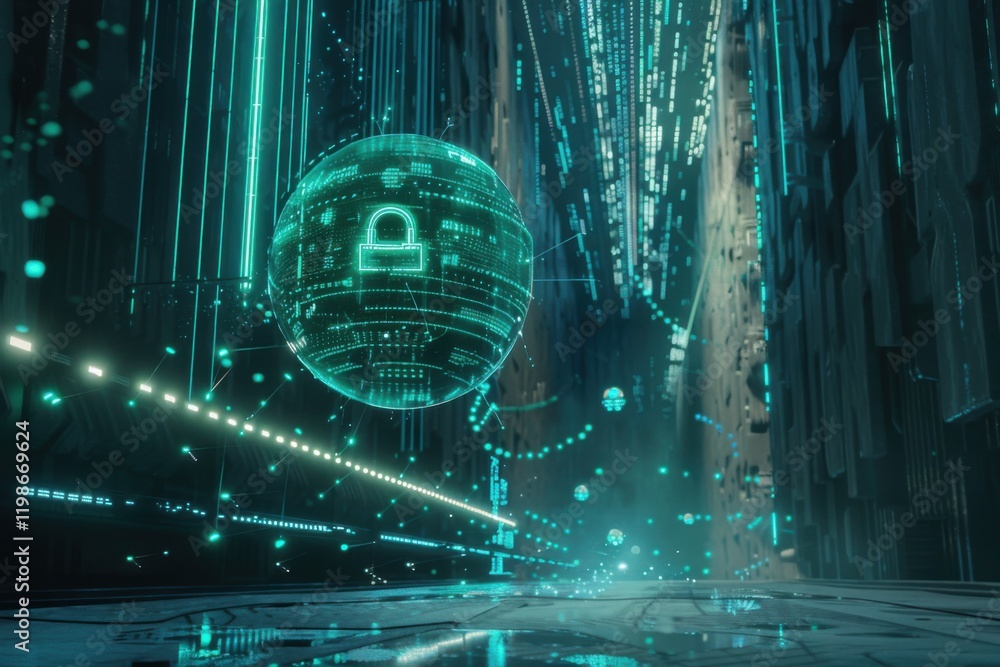 Poster futuristic holographic padlock with ai analysis over glowing data streams