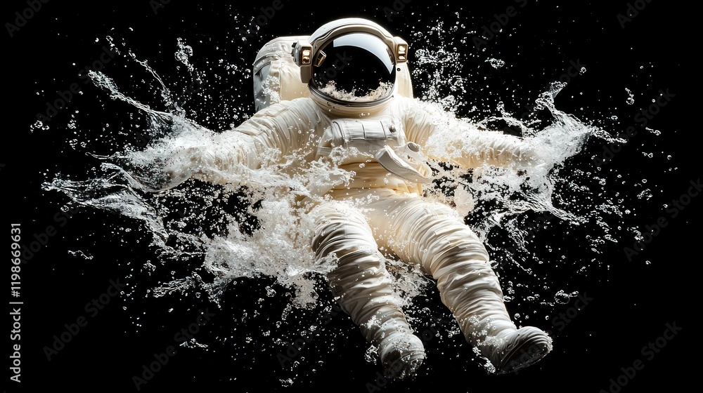 Aufkleber an astronaut appears to be floating in water, creating splashes against a dark background, blending 