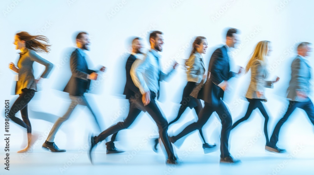 Poster dynamic and happy business team captured in motion on solid white background