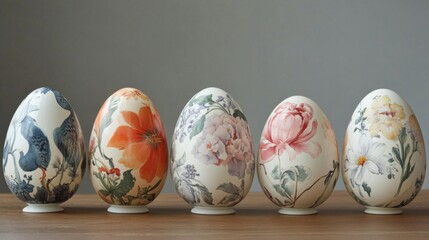 Fototapeta premium Five uniquely decorated eggs with delicate floral watercolor designs on a wooden surface