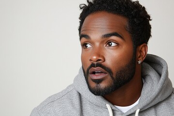 A man with a beard and curly hair looks thoughtfully to the side, wearing a gray hoodie.