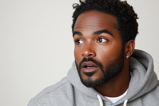 A man with a beard and curly hair looks thoughtfully to the side, wearing a gray hoodie.