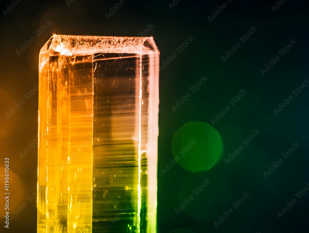 Poster translucent rectangular crystal prism shows vibrant colors and internal structure with light reflect