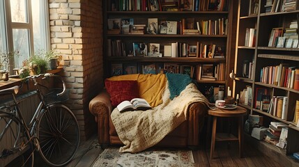 Cozy Reading Nook With Bookshelves And Bicycle