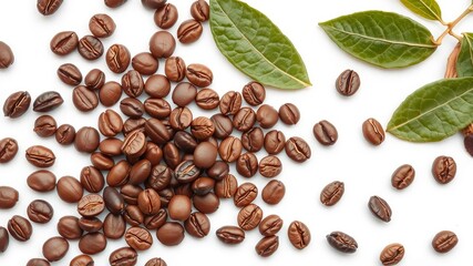 Obraz premium Fresh coffee beans and vibrant green coffee leaves isolated on a white background with ample copy space for text or design, leaves, ingredient
